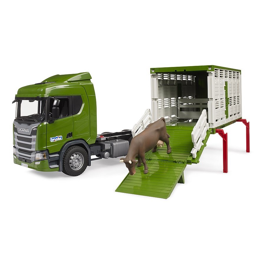 Camião Bruder de transporte de animais Scania com 1 vaca